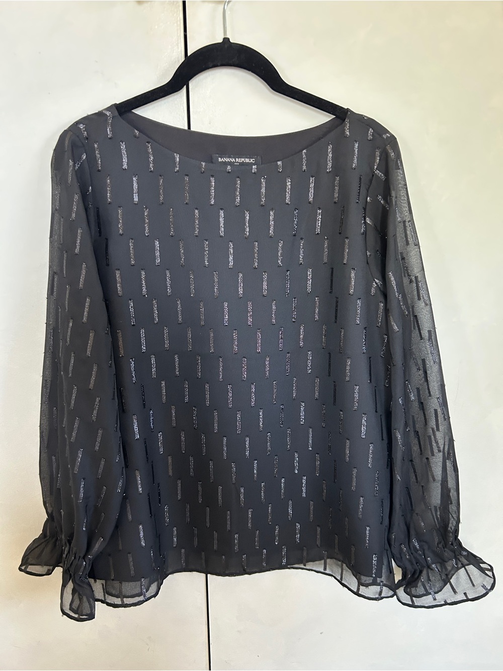 Banana Republic Black Sheer Logo-Print Blouse with Ruffle Cuffs